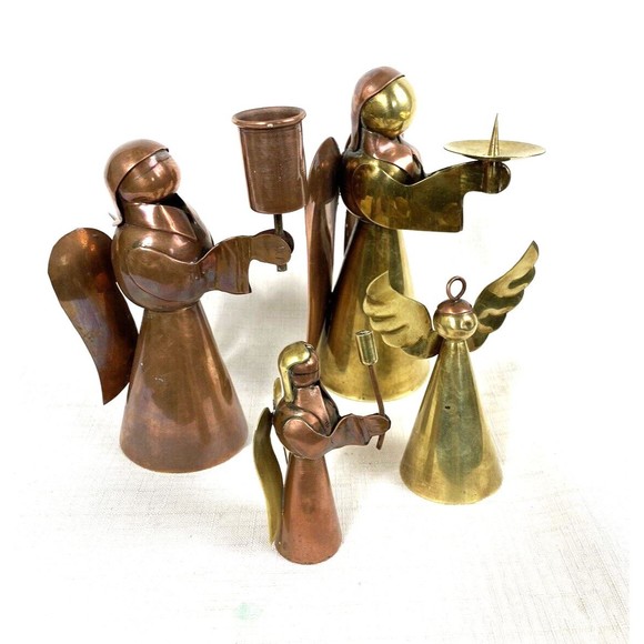 Vintage Christmas Brass & Copper Angel Candle Holders & Bell Classic Holiday - Picture 1 of 16
